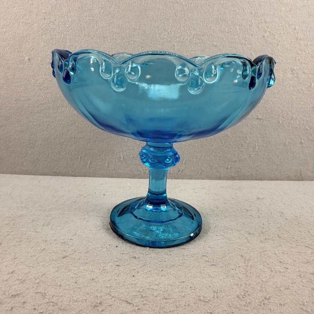 Vtg Indiana Glass Blue Teardrop Garland Pedestal Compote Bowl MCM Centerpiece 8"